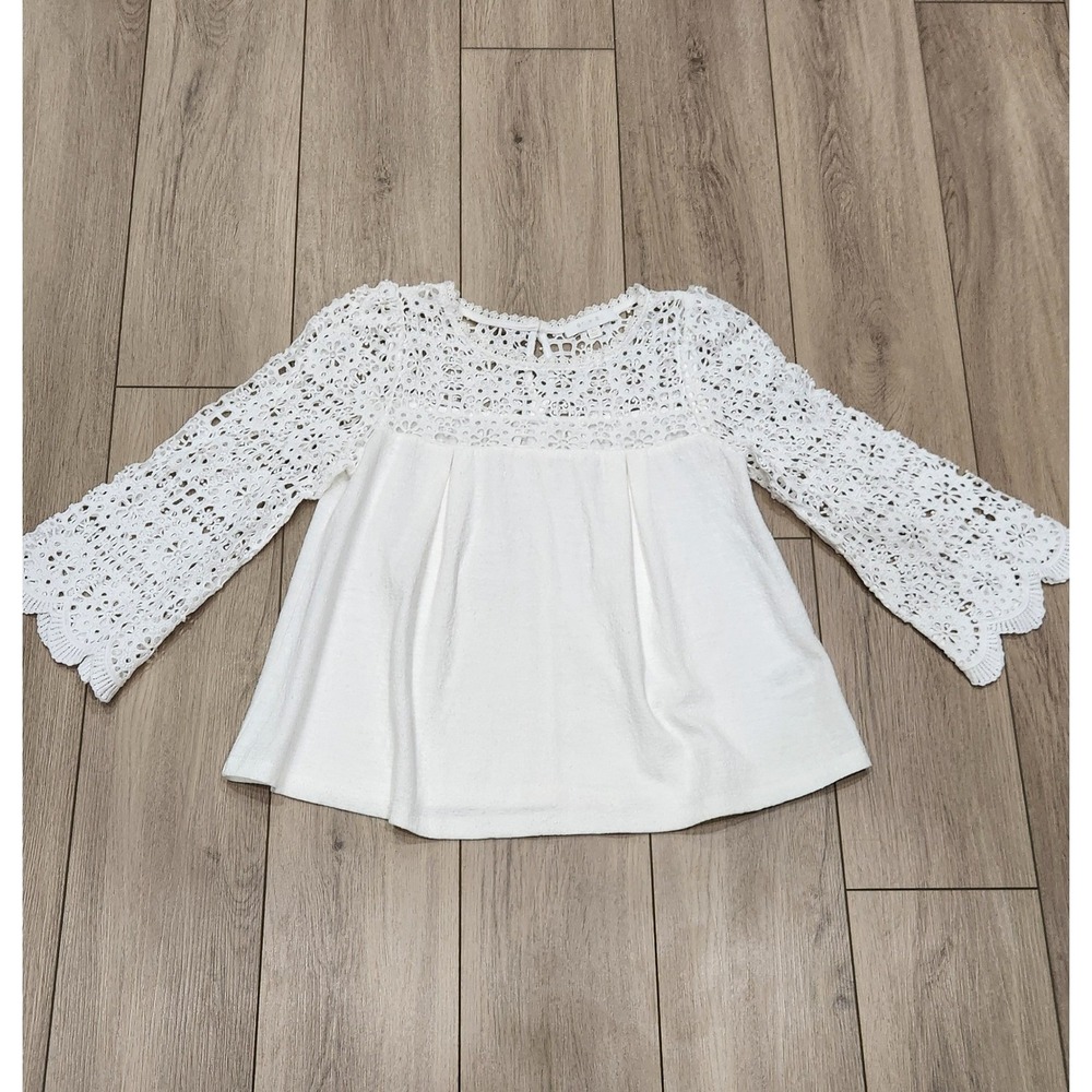 Eri + Ali Anthropologie White Lace Marigold Bell Sleeve Boho Blouse Top Women XS